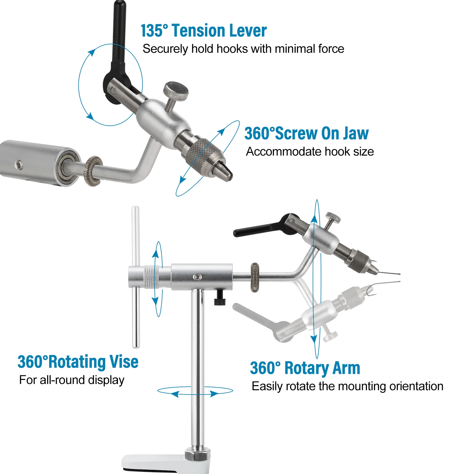 Imagem -03 - Voar Amarrando Vise 360 Graus Giratório Liga de Alumínio Pesca Moscas Amarrar Ferramentas C-clamp Mount Standard Jaws Aço Inoxidável