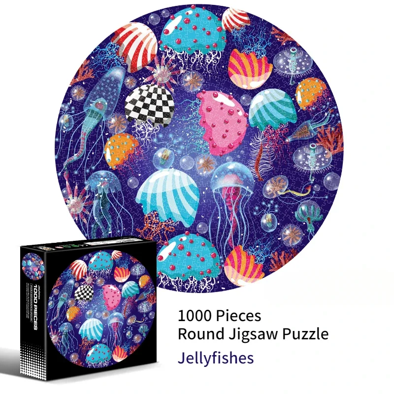 

65*65cm Adults 1000 Pieces Round Jigsaw Puzzles Jellyfishes Animals Paintings Stress Paper Puzzle Reducing Toys Christmas Gifts