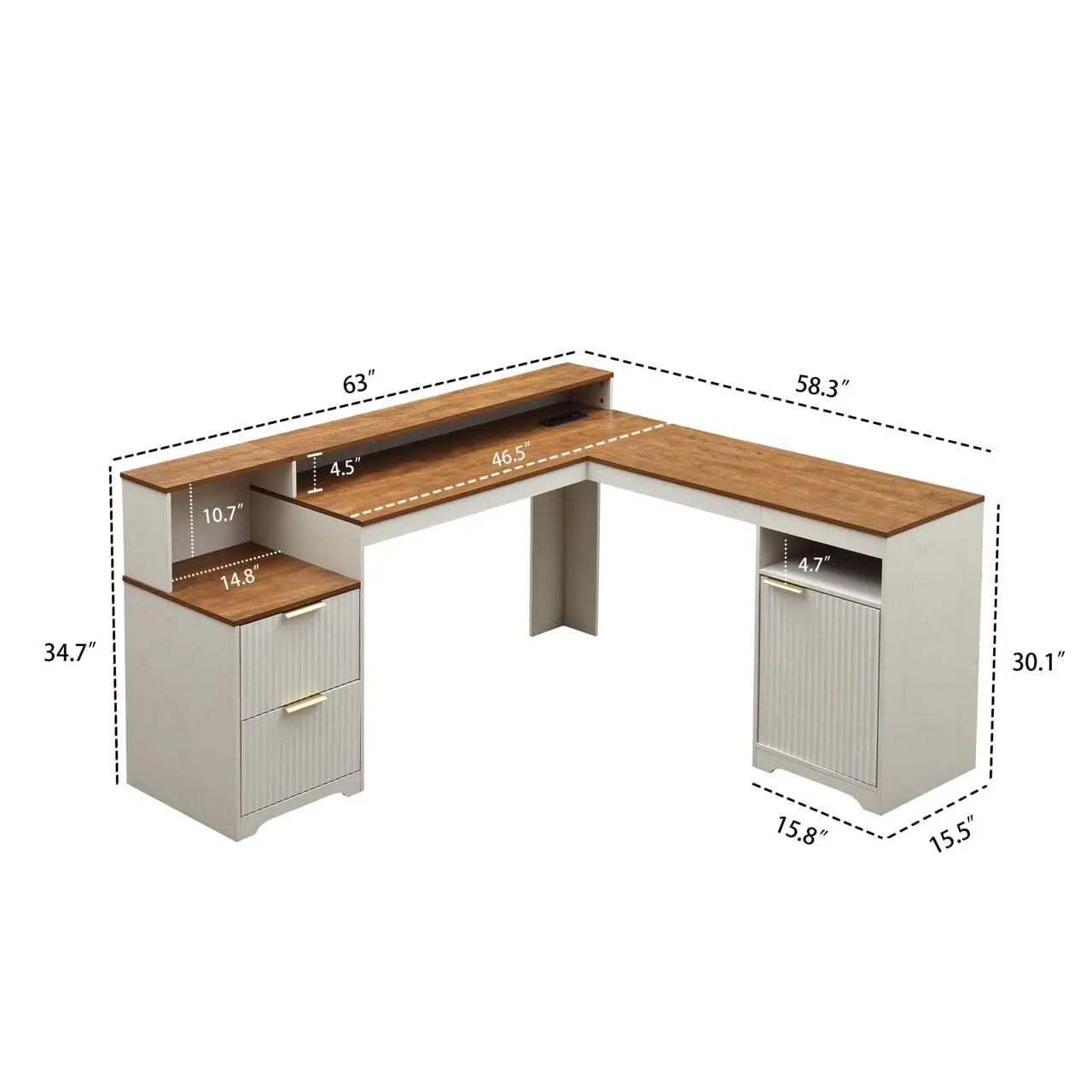 L-Shaped Office Desk with Power Outlet & Fluted Panel, Home Office Workstation, Customized