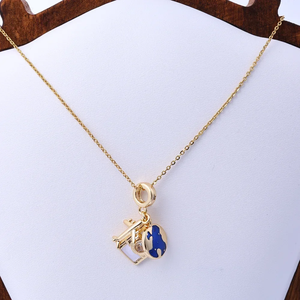 美しいネックレスギフト - トラベルシリーズ ドリップオイル 飛行機 カメラ 地球儀 コンボ 大穴ビーズペンダント 銅ブレスレット ビーズAC