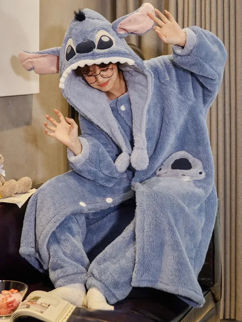 Disney Stitch Angel Hooded Pajamas Clothes Set Y2k Couple Kawaii Coral Fleece Home Women Winter Warm Plush Female Sleepwear Suit