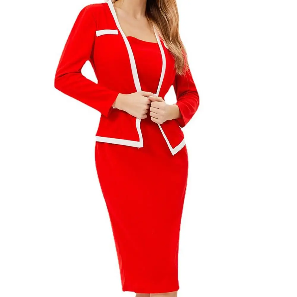 Women's Patchwork Hip Seven Quarter Sve Fake Piece Dr Polyester mid Waist Basic Sle Busin Suit Single Piece