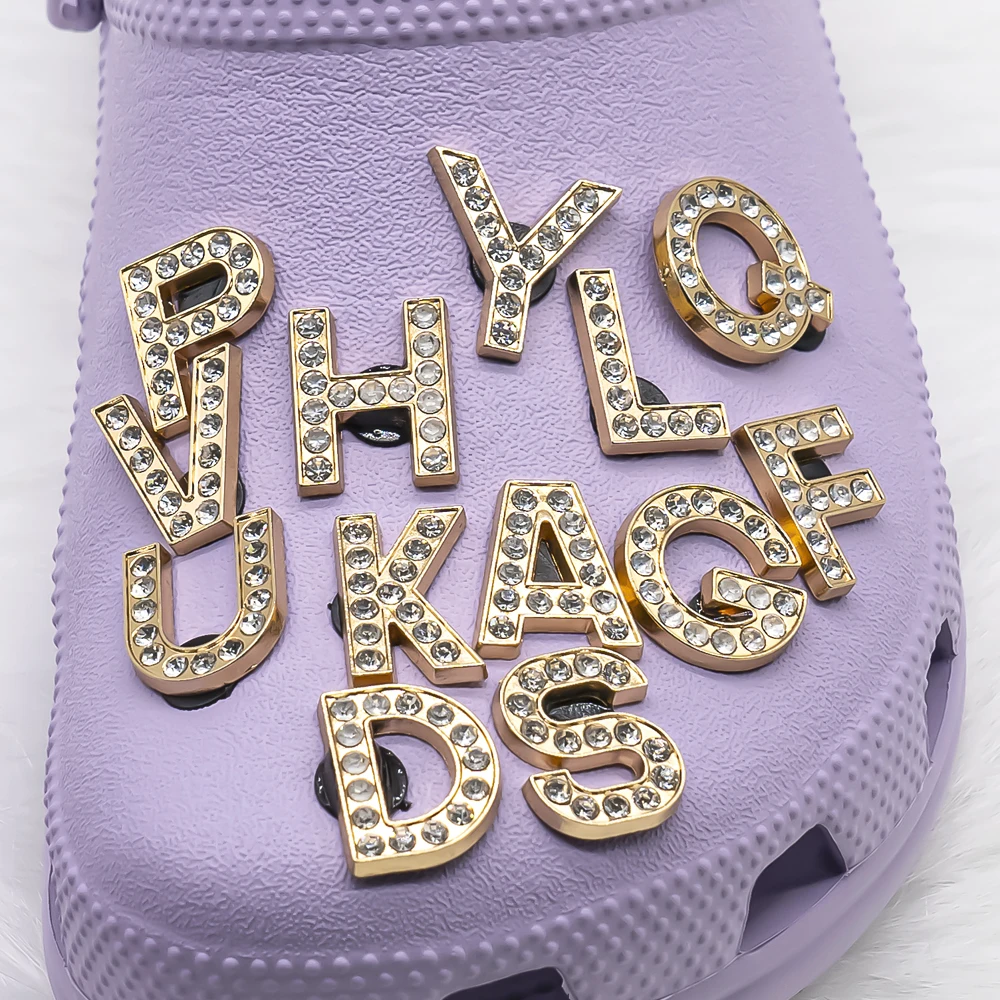1 stücke Metall Gold Luxus Buchstaben Schuh Charms für Clog Alphabet Schuhe Dekorationen Pins für Frauen Mädchen Sandale DIY Party Gunst Geschenke – Detail 8