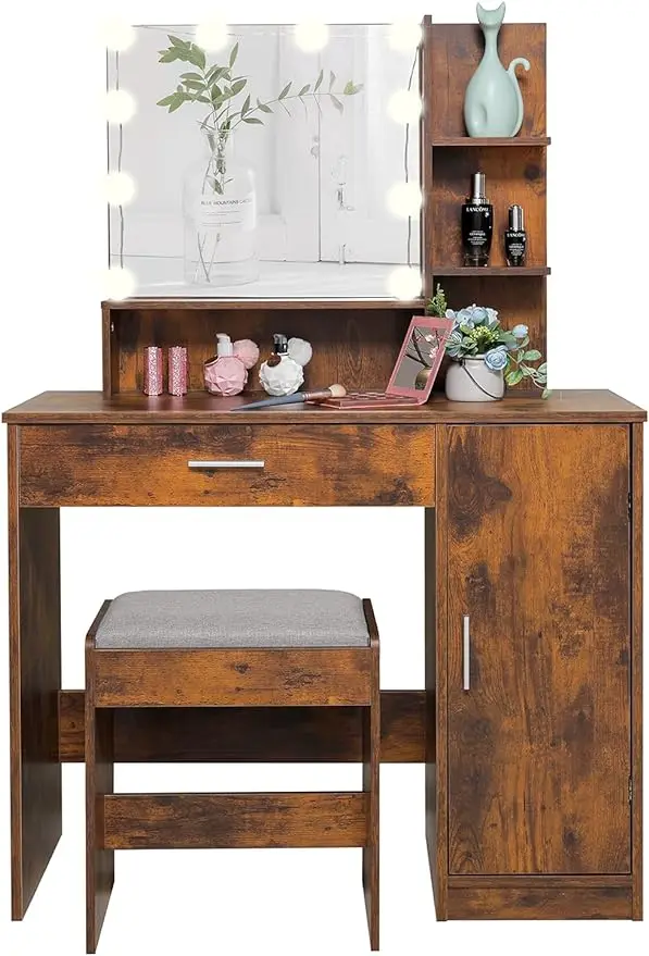 usikey Makeup Vanity Desk for Christmas Day, Vanity Table Set with 1 Drawer, 1 Cabinet & 3 Shelves, Makeup Vanity Table with Sto