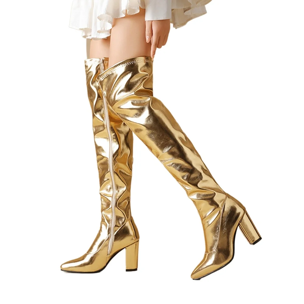 Botas altas hasta el muslo para mujer, talla grande 46, charol brillante, dorado, plateado, puntiagudos, tacones altos, botas sexis por encima de la rodilla 13-14