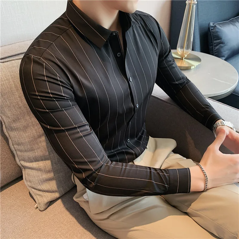 High Quality Seamless Shirt Men No Iron Casual Business Stripe Shirt Men\'s Long Sleeved Shirt Social Office Camisa Masculina