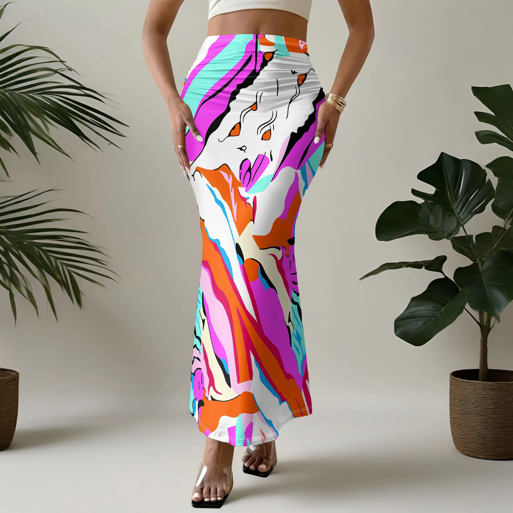 Abstract Art Mermaid Skirt, Colorful Print Maxi, Boho Summer Bottoms, Beach Party Wear, S-2XL