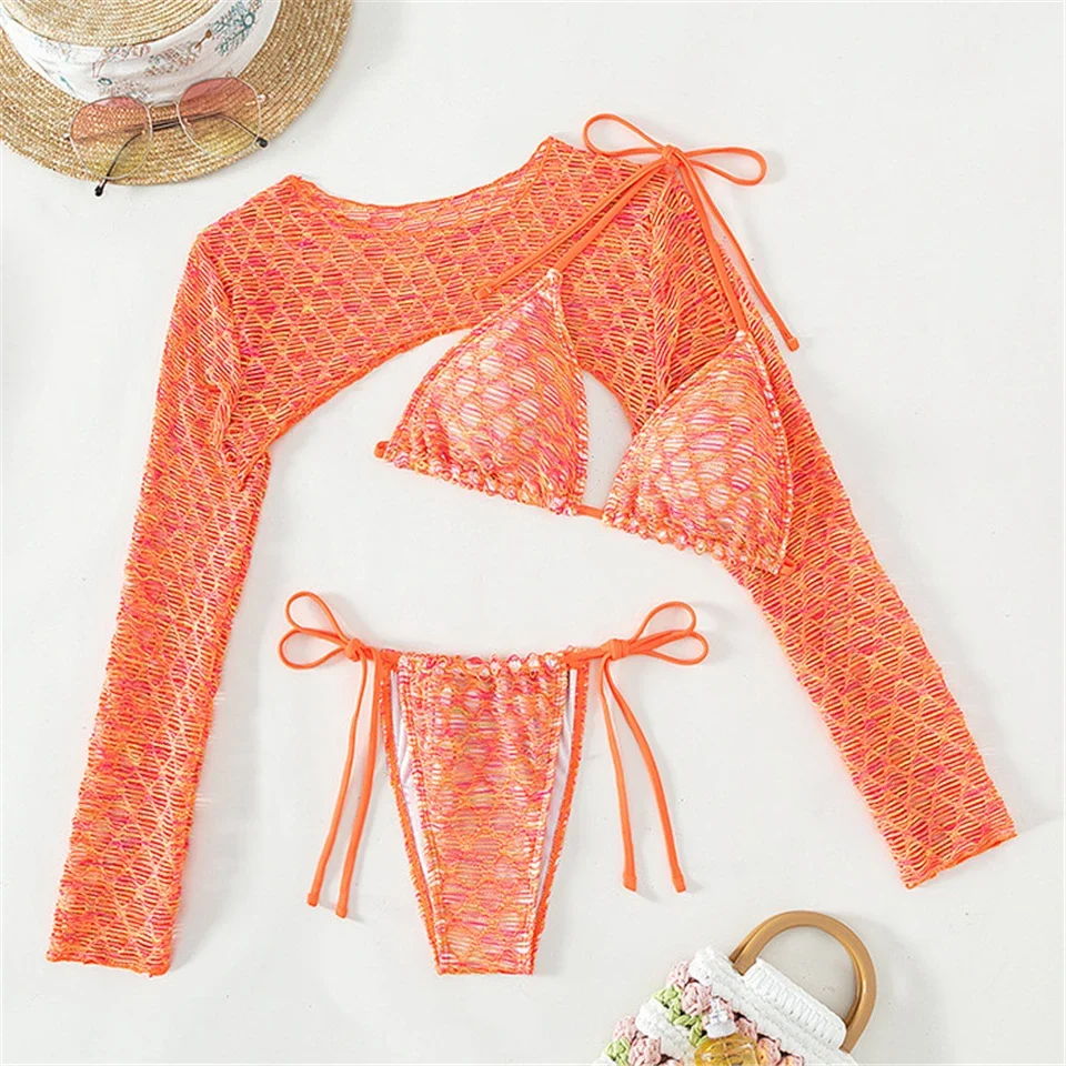 3 Pieces Lace Up Triangle Thong Bikini 2024 Women With Cover Up Swimsuit Female Swimwear Bathing Swimming Suit Beachwear Summer