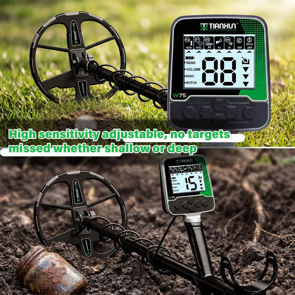 W75 Treasure Hunter Metal Detector IP68 Waterproof Rechargeable Long Range Deep Search For Gold Silver Coin Relic Finder
