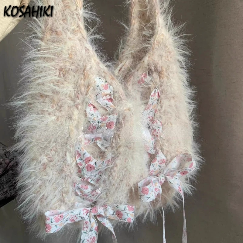 2024 Sweet Y2k Aesthetic Fluffy Handbags Fairy Bandage Bow Women Underarm Bag Faux Fur Fashion Chic Shoulder Bags Korean Casual