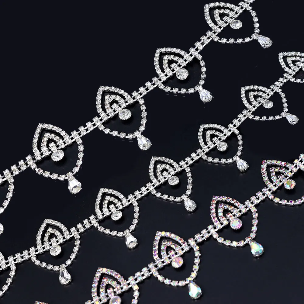 Cadena de cristal en forma de lágrima a la moda, 1 yarda, adorno de diamantes de imitación, cadena de Metal de cristal, cinta soldada para vestido y accesorios de cintura nupcial