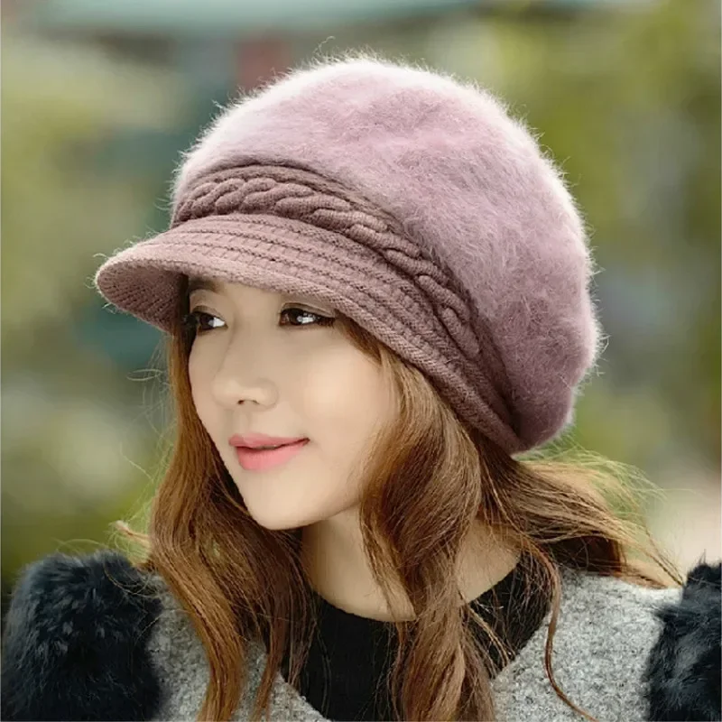 Nuevos sombreros de boina para mujer, gorro tejido de piel de conejo cálido a la moda para invierno, boinas de lana informales para mujer, gorro para invierno para mujer