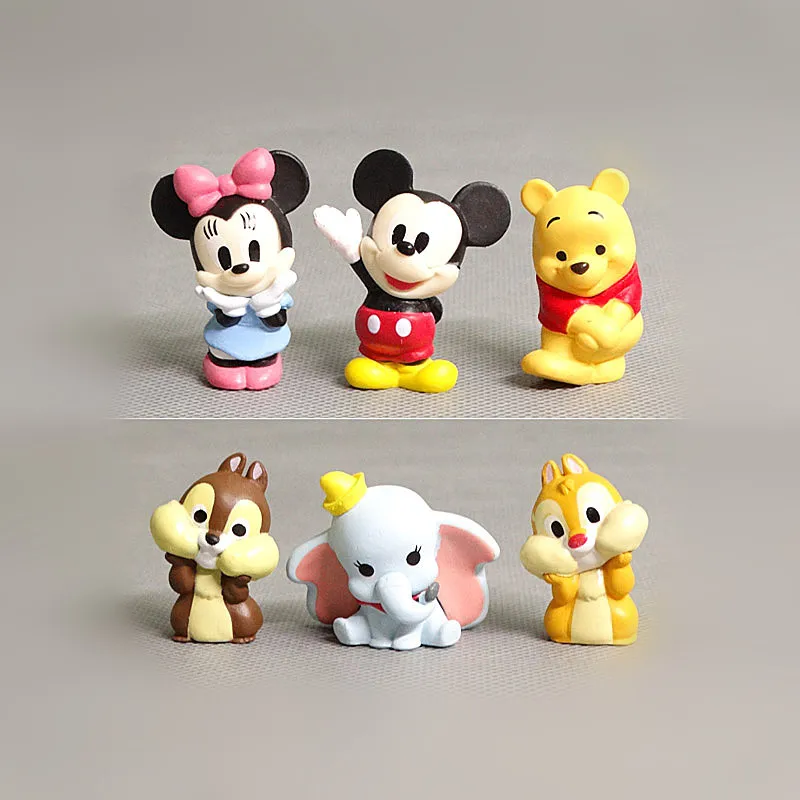 

6pcs Disney Anime Figures Mickey Dumbo squirrel Cartoon Toys PVC Q version birthday cake bake decorations Toy Pendant model gift