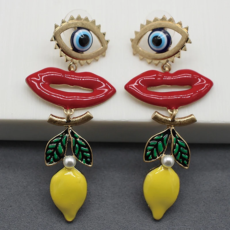 Personalised Devil\'s Eye Earrings Enamel Lemon Lipstick Earrings Street Accessory Long Exaggerated Earrings Gift