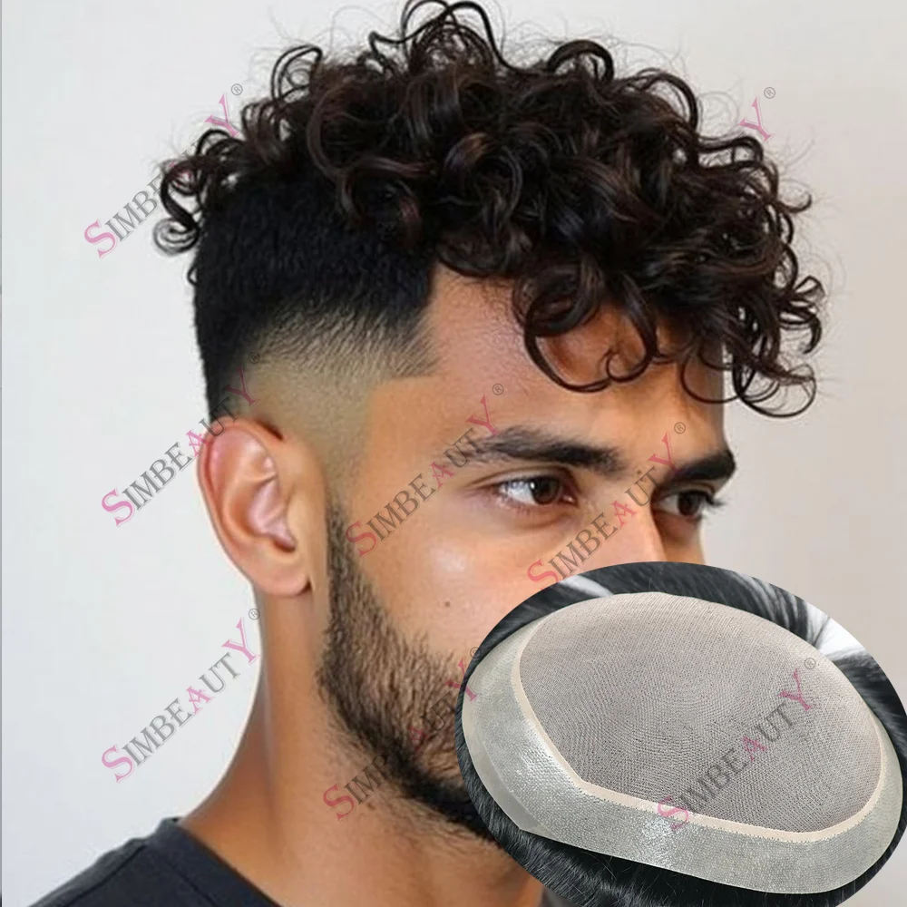 قطع شعر مجعدة فضفاضة غير قابلة للاكتشاف 28 مللي متر من الدانتيل العلوي PU أنظمة عادم الشعر الذكور الشعر المستعار لتساقط الشعر