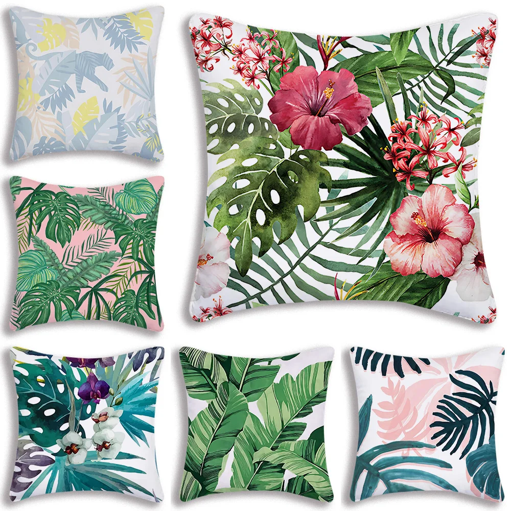 

Tropical Leaf Cactus Pillow Covers Cartoon Sofa Decorative Home Double-sided Printing Short Plush Cute Cushion Cover