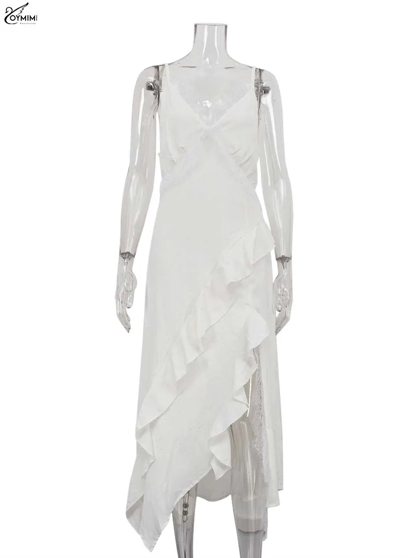 فساتين Oymimi أنيقة من الدانتيل الأبيض 2025 فساتين نسائية غير رسمية بحزام سباغيتي مفتوحة الظهر فستان صيفي مكشكش برباط ملابس خروج #5