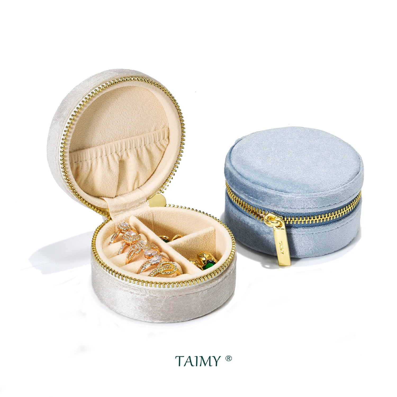 TAIMY Luxury Cream Velvet Jewelry Box Personalise Custom Logo Mini Ring Necklace Storage Case Round Jewellery Organizer