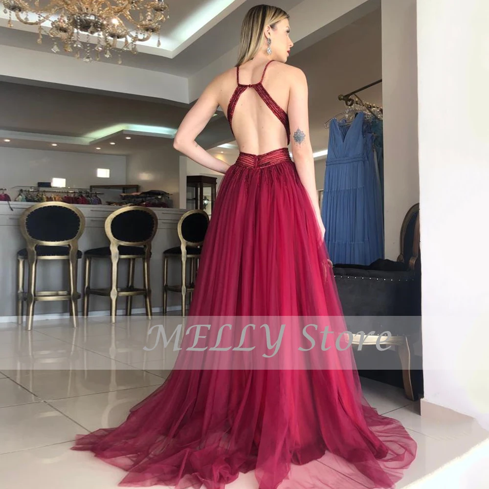 섹시한 등이없는 이브닝 드레스, 홀터 민소매 무도회 드레스, a-라인 스윕 기차, Vestidos De Fiesta Elegantes Para Mujer 2023