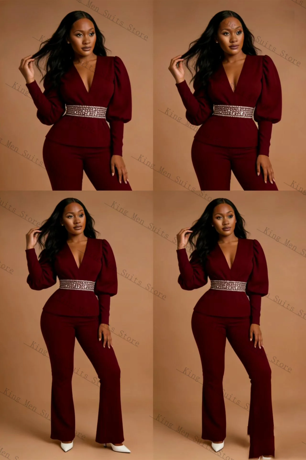 

Burgundy Women Suit Set 2 Pcs V Neck Blazer+Pants Spring Cotton Customized Formal Office Lady Wedding Tuxedos Coat Jacket