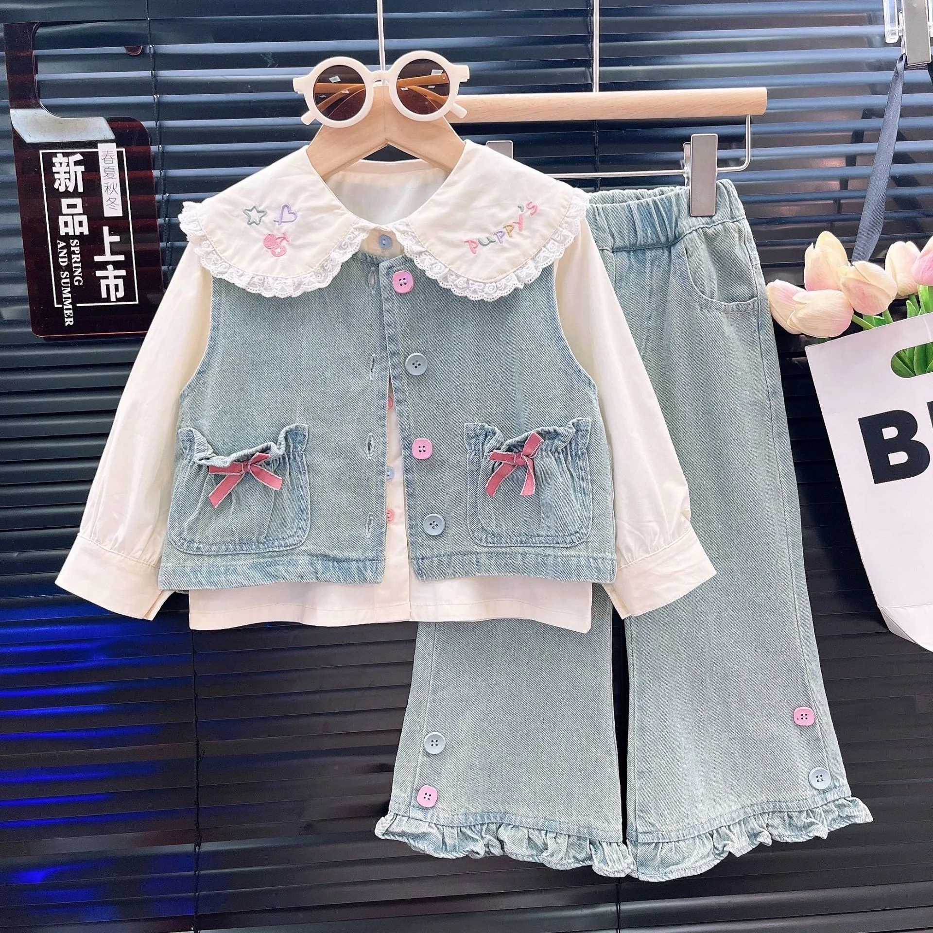 

Girls Denim Clothes Sets Spring Autumn 2025 Children Cute Vest Shirts Pants 3pcs Princess Suit For Baby Outfitd Kids Jeans set 5