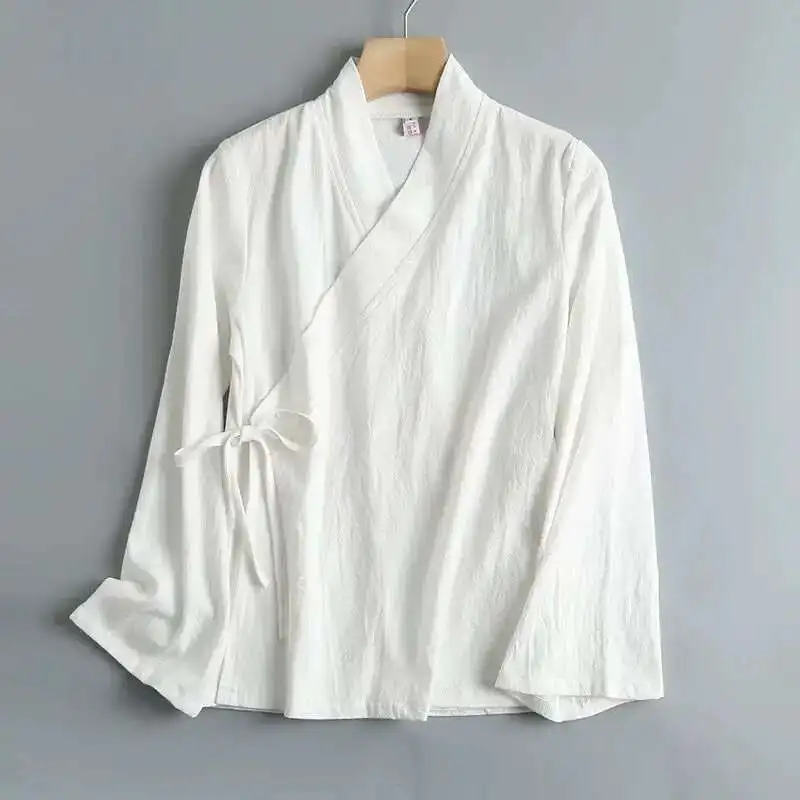 

Oversized 100% Cotton Hanfu Long Flared Sleeves Cross-tie Ties Shirt Chinese Vintage Hanfu Top Lining White Women Plus Size 2XL
