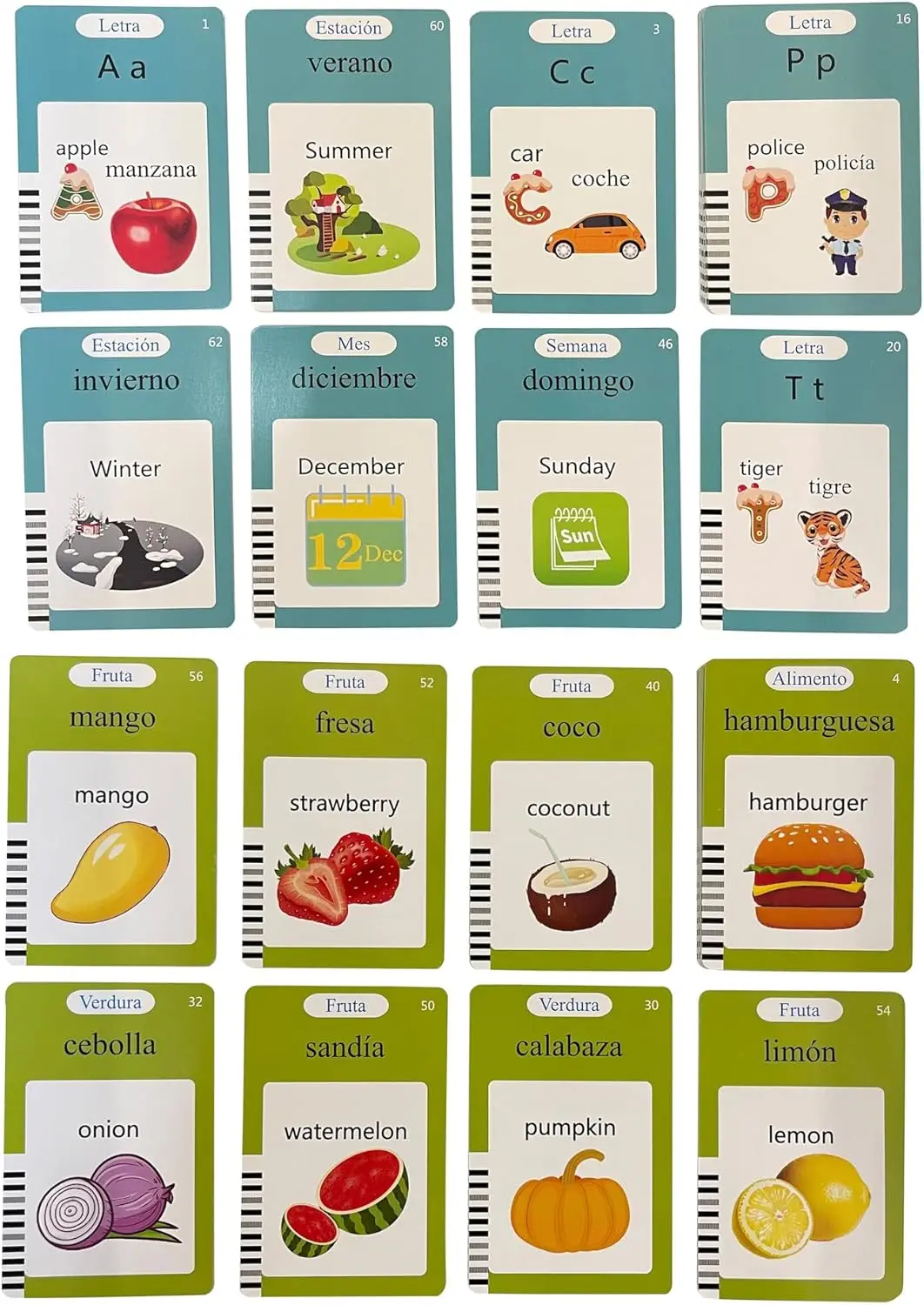 بطاقات فلاش الإنجليزية الإسبانية ثنائية اللغة للأطفال والأطفال الصغار، 255 بطاقة - 510 جوانب تعلم أصوات حروف المفردات الإسبانية، تمتد