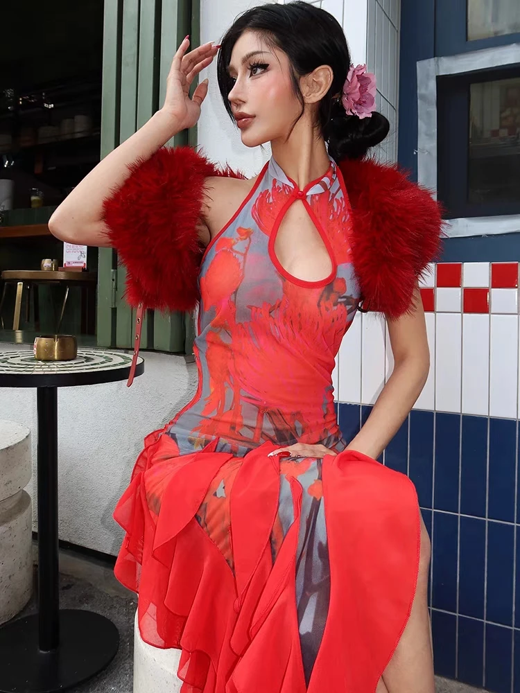 RORORIRI Y2k imprimé découpé rouge licou Cheongsam femmes épaules dénudées dos nu à volants fente Maxi robe longue Sexy vêtements néo-chinois