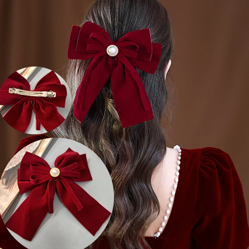 Pinza de pelo con Lazo de terciopelo para mujer y niña, pasador de cola de caballo con lazo, cinta elegante, accesorios para el cabello para fiesta de boda