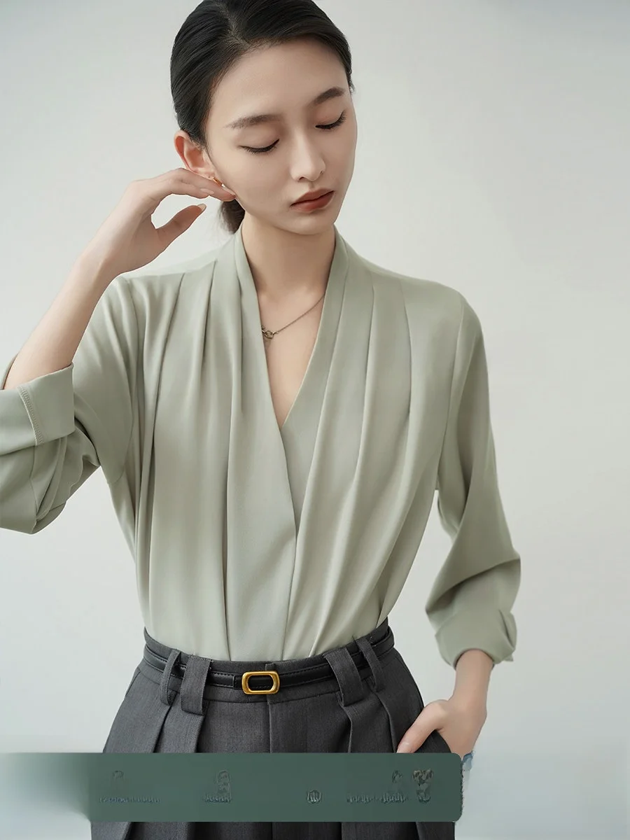 

Achu Ele Satin Women's irt V-Ne Clean Fre Sle Commute Faion Long Sve Busin Top Весенне-осенняя женская одежда