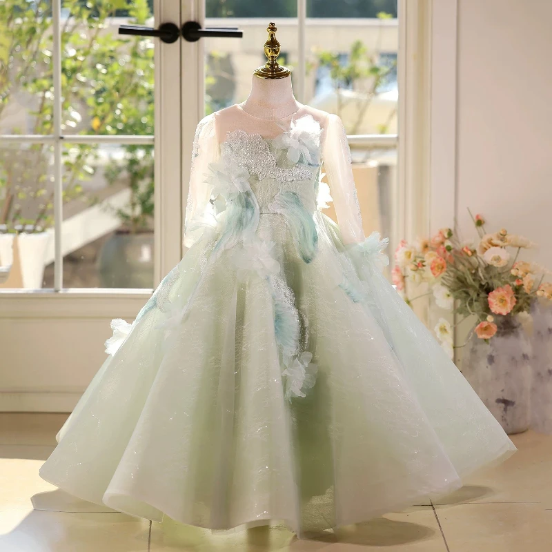 2026 Long Sleeve Floral Kids Birthday Princess Gown Piano Performance Pageant Costume New Girls Host Dress Children Light Green