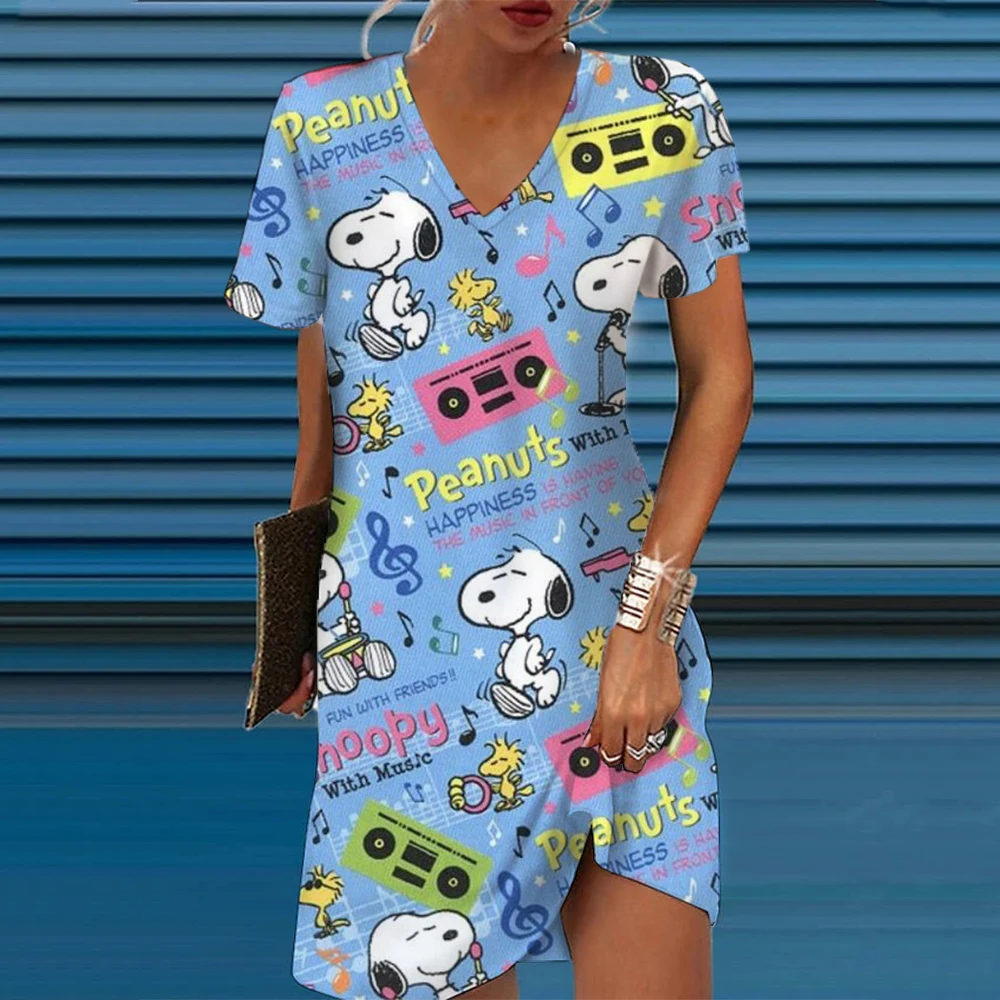 Snoopy print Elegant Dress Women Casual Temperament Dress Women Short Sleeves Loose Dresses Weekend Holiday