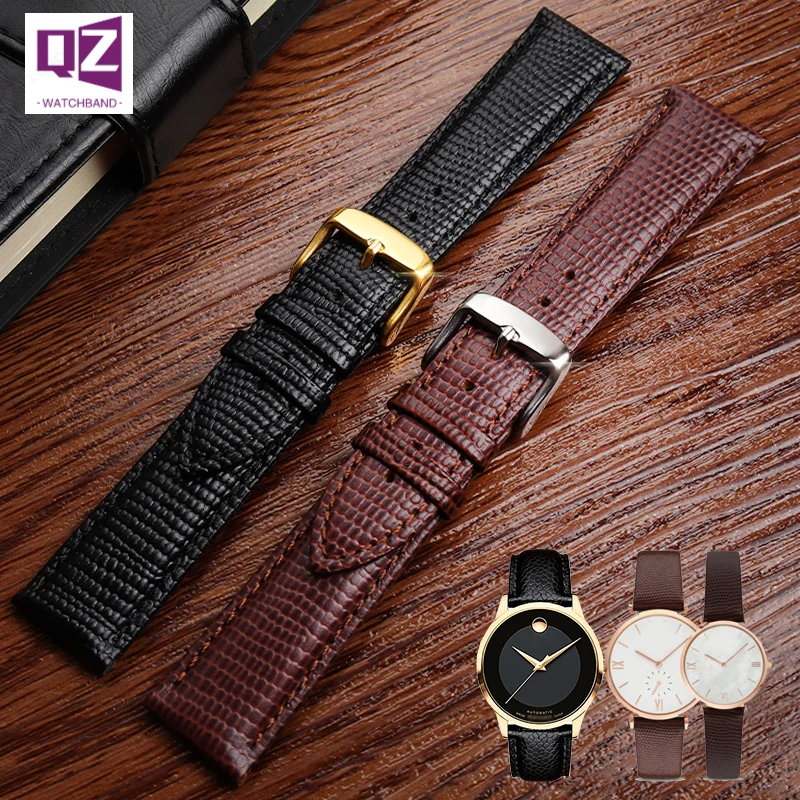 Genuine Leather Lizard Pattern Watchband Charm Bracelet For Movado Seagull Strap Simple Stylish Wristwatches Band 15mm 20mm 21mm