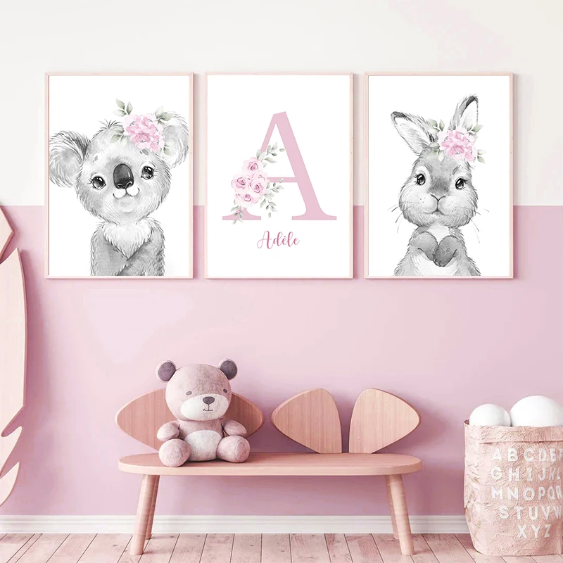 

Personalized Name Wall Posters and Prints Animals Nursery Wall Art Canvas Paintings for Girls kids Bedroom Decoration Pictures