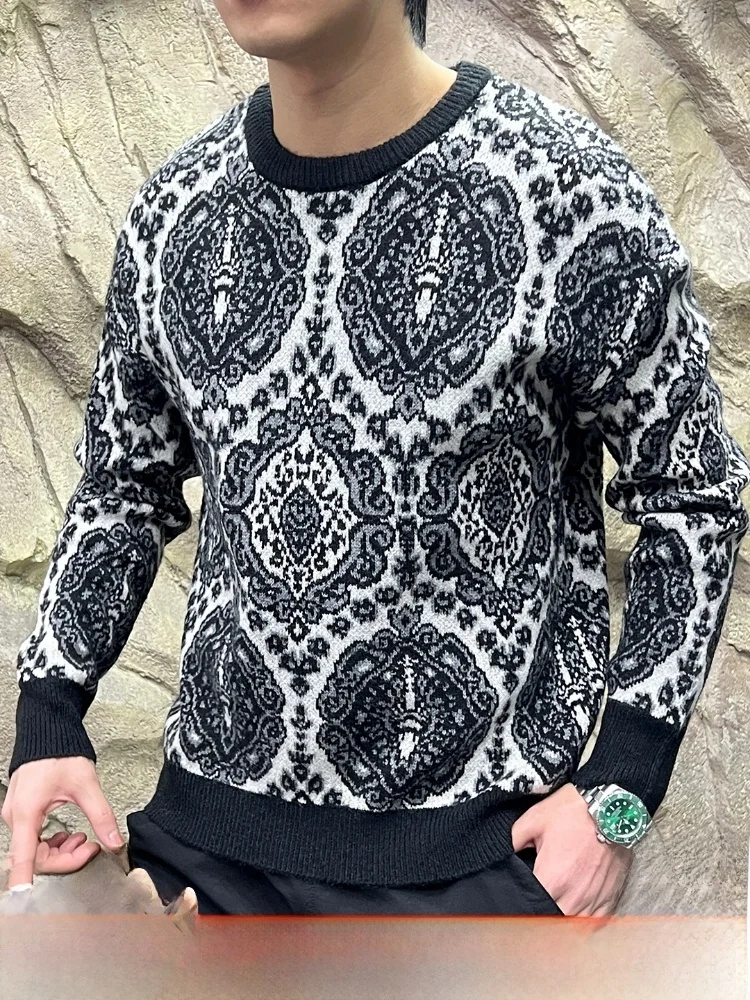 

Silk Long Staple Cotton Knitted round Ne Sweater Vintage Ethnic Sle Casual Men's Knitwear Geometric Patt...