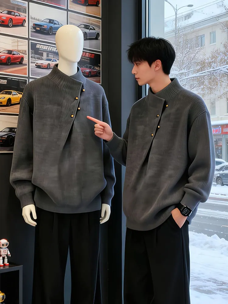 New Chinese Style Men's Knitted Sweater Half High Collar Slanting Sleeve Winter Warm Casual Fashion Inner Wear Vintage Americ...