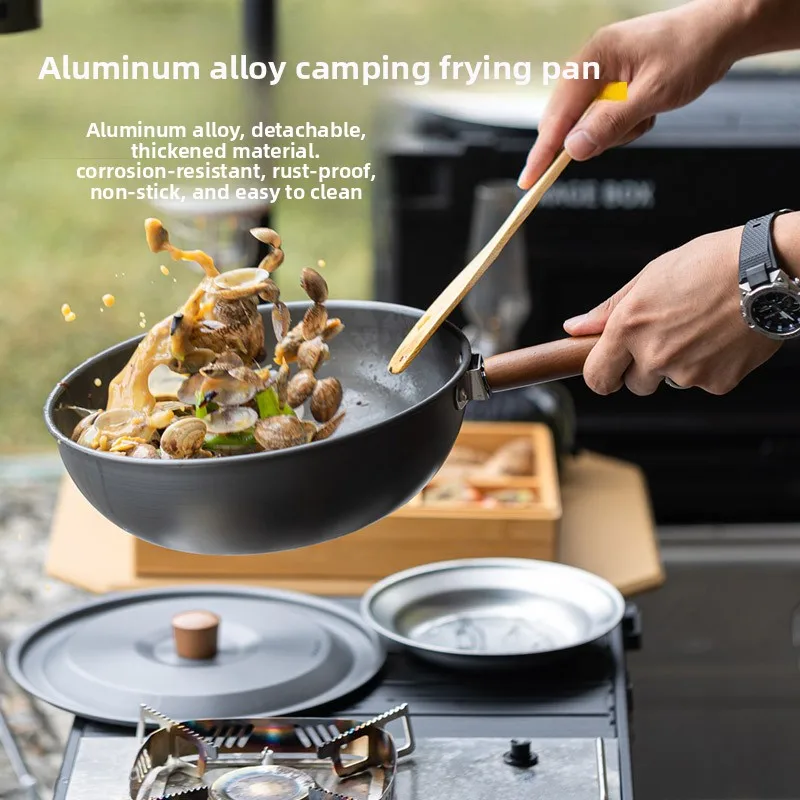 

Outdoor Solid Handle Wood Aluminum Alloy Wok Removable Handle Household Chinese Wok Portable Camping Picnic Pot
