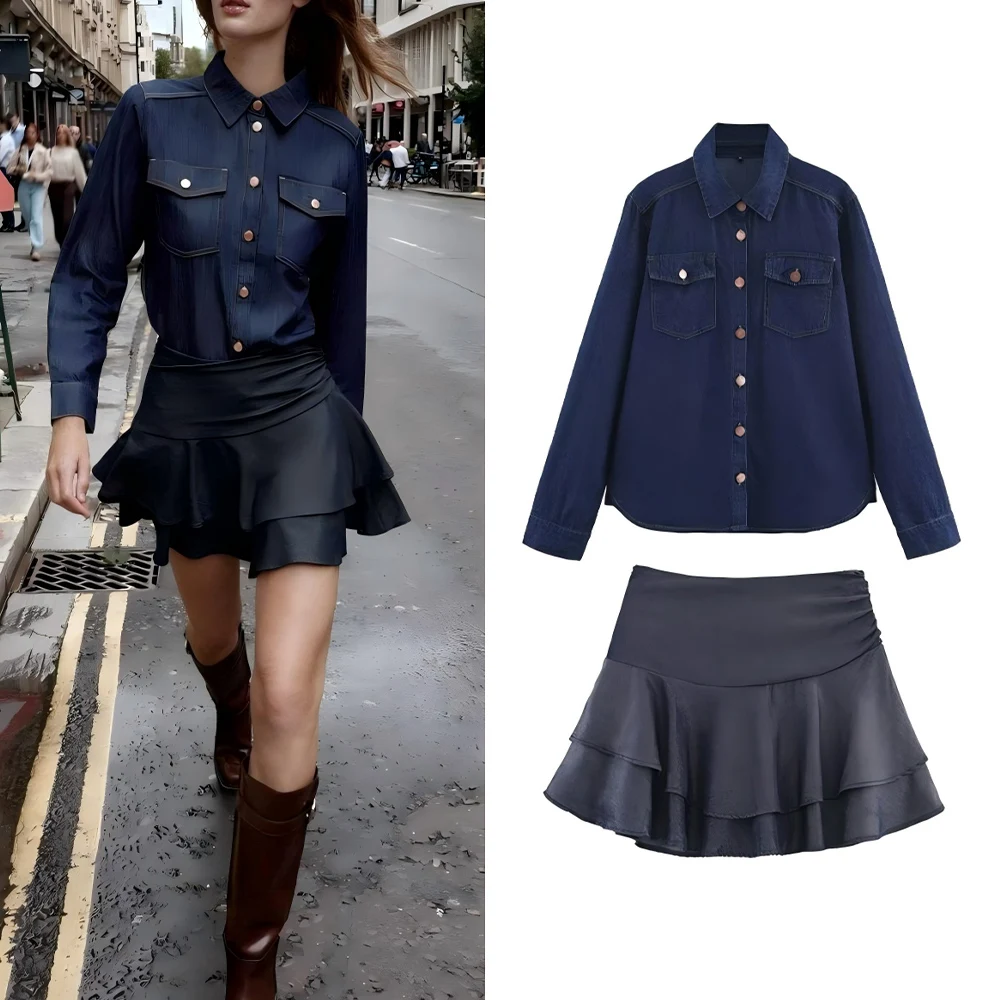 

Women's new fashion pocket decoration casual Lapel denim shirt retro long sleeved button up women's shirt chic top+Skirts suit