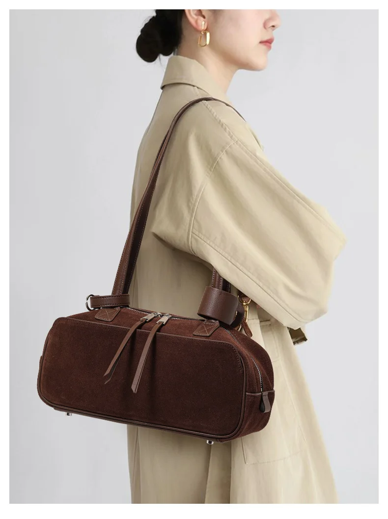 Echte Rindsleder-Damenhandtasche, Einzel-Schulter-Unterarmtasche, Wildleder-Gebürstete Bowling-Tasche – Detail 3