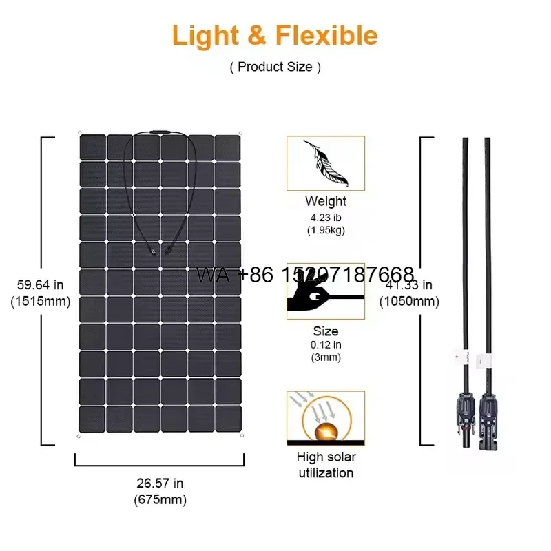 Wmwmnu 200W Flexible SunPower Solar Panel23% Efficiency IP65 Waterproof Connectors 22V 9.1A for Marine RVs Campervans