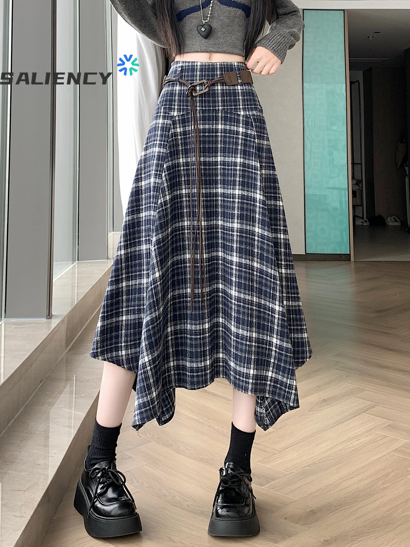 

SALIENCY винтажная клетчатая юбка-миди женская Y2K Harajuku юбки с поясом зимняя гранж корейская юбка трапециевидной формы с высокой талией
