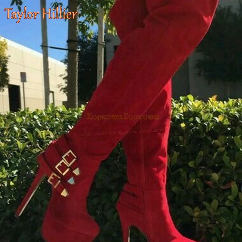 Winter Suede Buckled Over-The-Knee Boots For Women Round Toe Stiletto Platform Side Zipper Runway Boots Sexy Elegant Women Boots