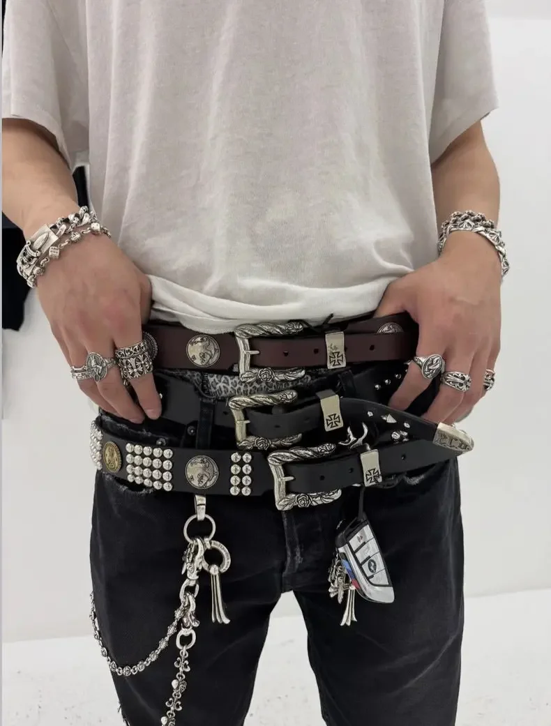 ER/D Rose Button Head Coin Rivet Punk Top Cowhide Rock Wind Belt