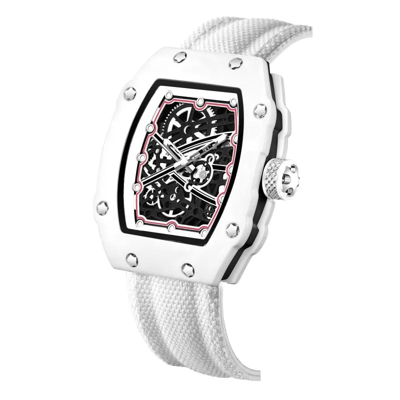 Ultradünne Transparente Quarz-Armbanduhr für Herren Trendiges Klassisches Design Tonneau Nylonarmband Uhren Lässige Persönliche Skelett-Uhr