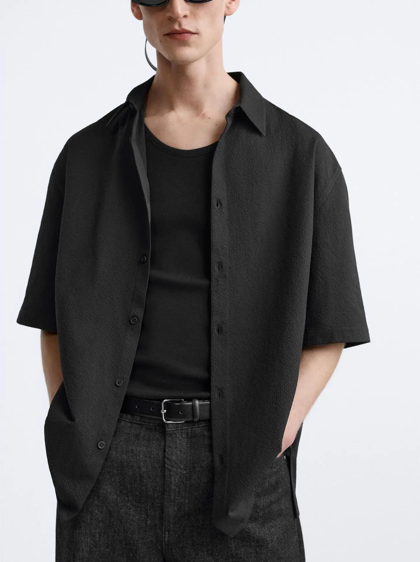 2025 Spring and Summer New Men's Clothing American Loose Cool Feeling Bubble Yarn Casual Short Sleeve Shirt