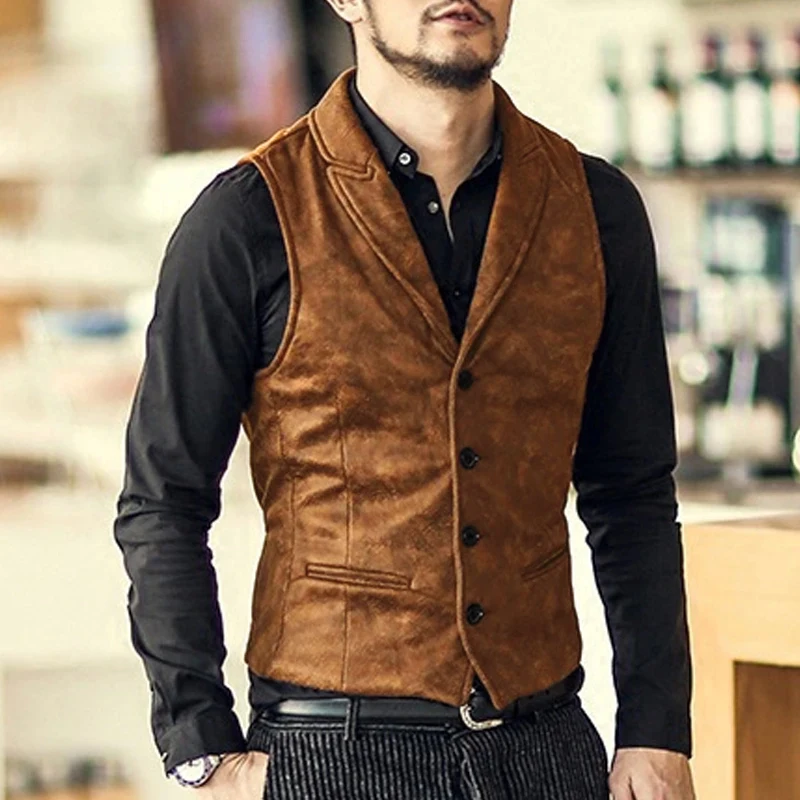 

2023 Autumn Mens Woolen Suit Jacket Sleeveless Button-up Turn-down Collar Solid Color Vest Coat Men Vintage Slim Blazer Jackets