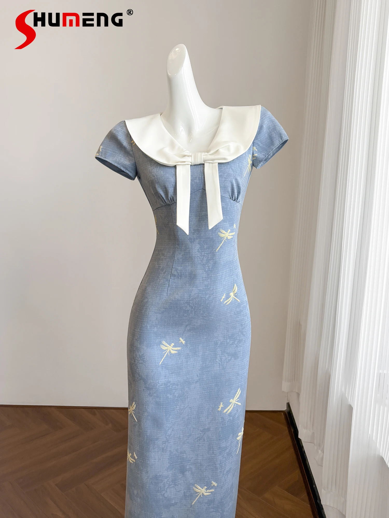 

Elegant Fashion Vintage Blue Casual Summer Dresses Splicing Collar Short Sleeve Embroidery High Waist Bodycon Long Dress Women