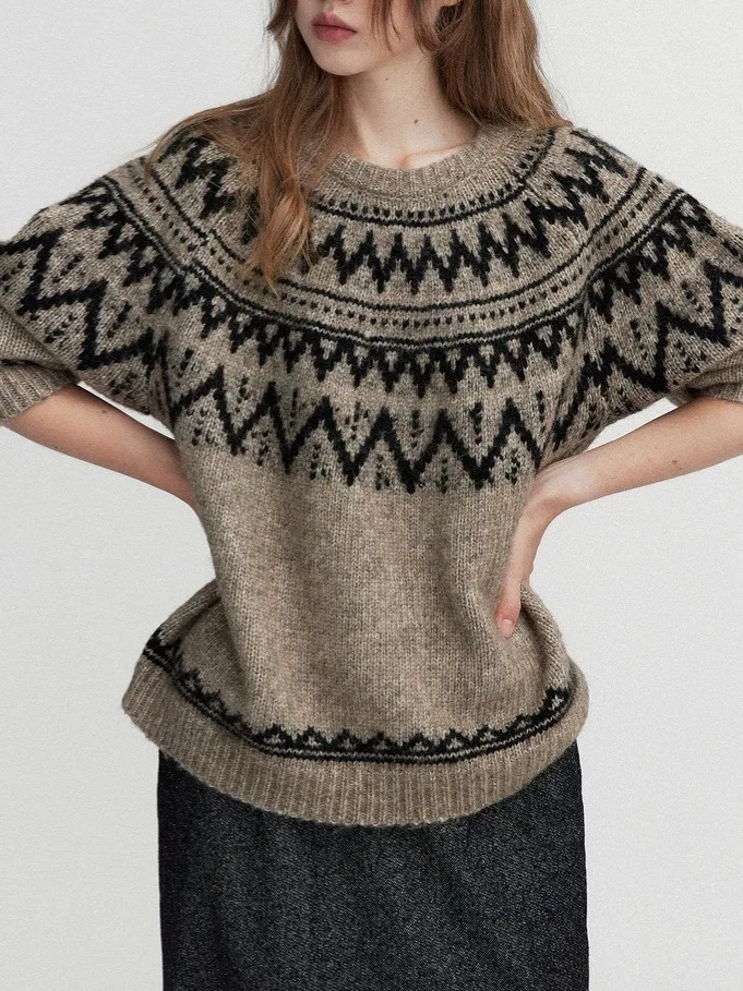 Autumn and Winter Women's Clothing Retro Ethnic Style Loose Round Neck Fair Island Sweater Gray Jacquard Knitted Sweater