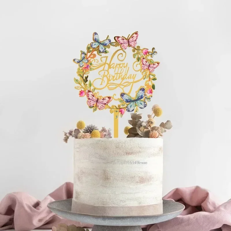 Acrylic Mirror Happy Birthday Cake Topper Flowers Butterfly Cake Decoration Home Birthday Party Cake Topper Dessert Accessories