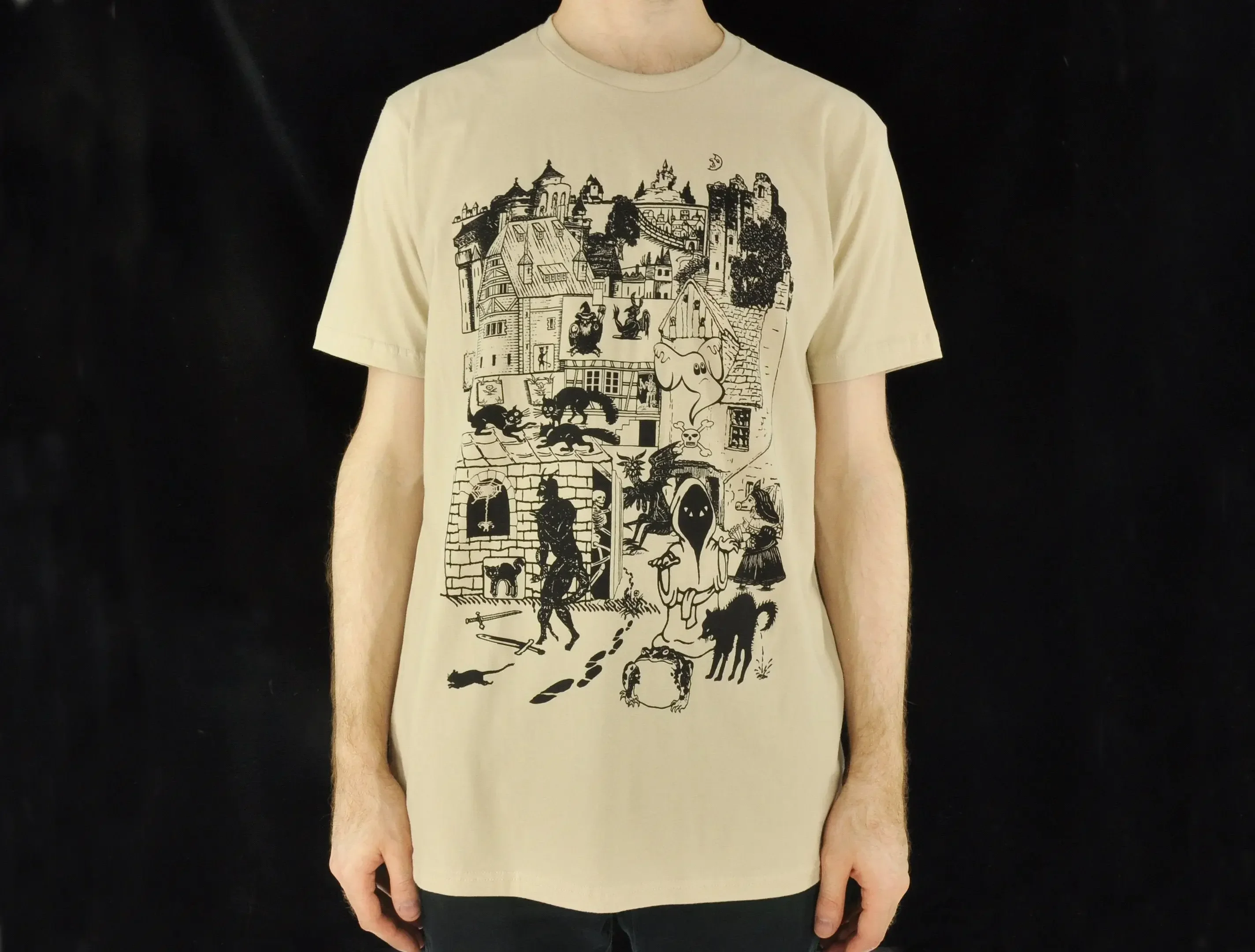 The Haunted Village Collage T Shirt Beige